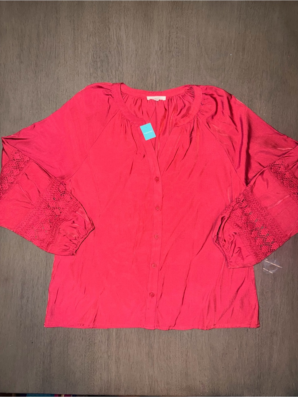 Maurices Bright Red Button-Down Blouse with Lace Sleeve Detail